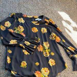 LOFT Black Blouse with Yellow Floral Design